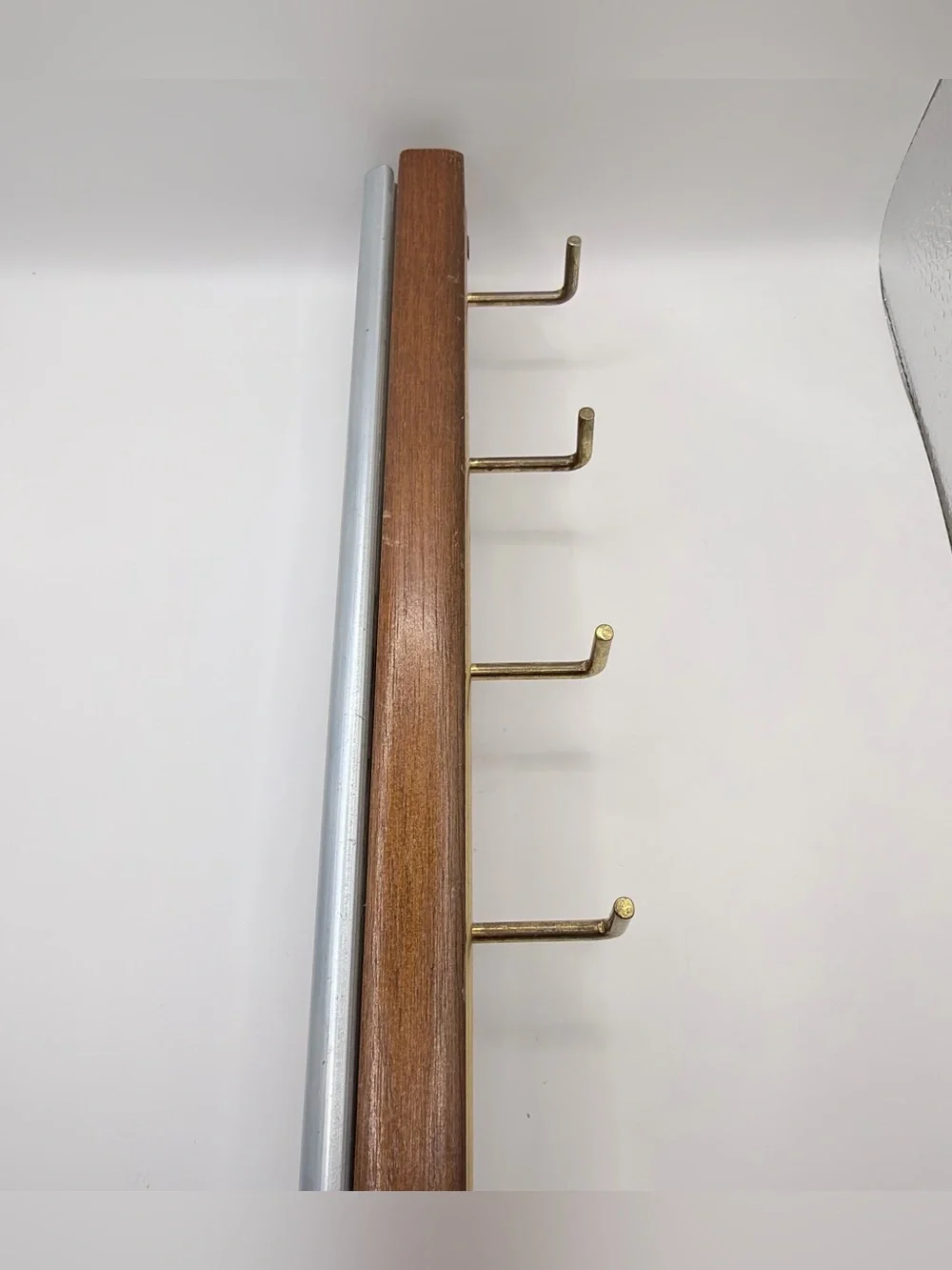Vintage Wood and Brass 6 Hook Wall Rack - Brown and Gold sliding mount